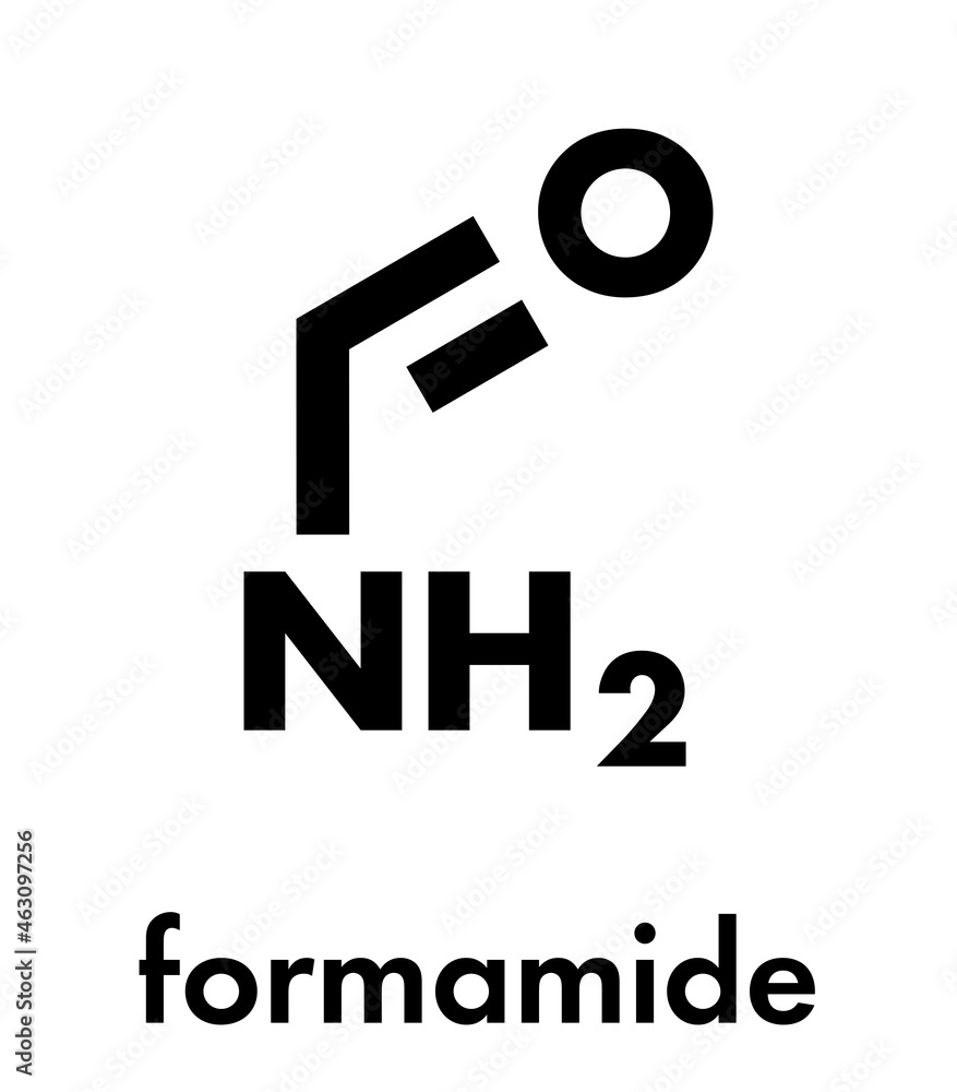 Formamide (methanamide) solvent molecule. Solution in water known as formol. Skeletal formula. Formamide (methanamide) solvent molecule. Solution in water known as formol. Skeletal formula.