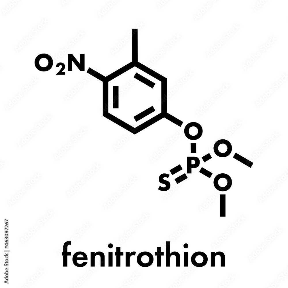Fenitrothion phosphorothioate insecticide molecule. Skeletal formula. Fenitrothion phosphorothioate insecticide molecule. Skeletal formula.