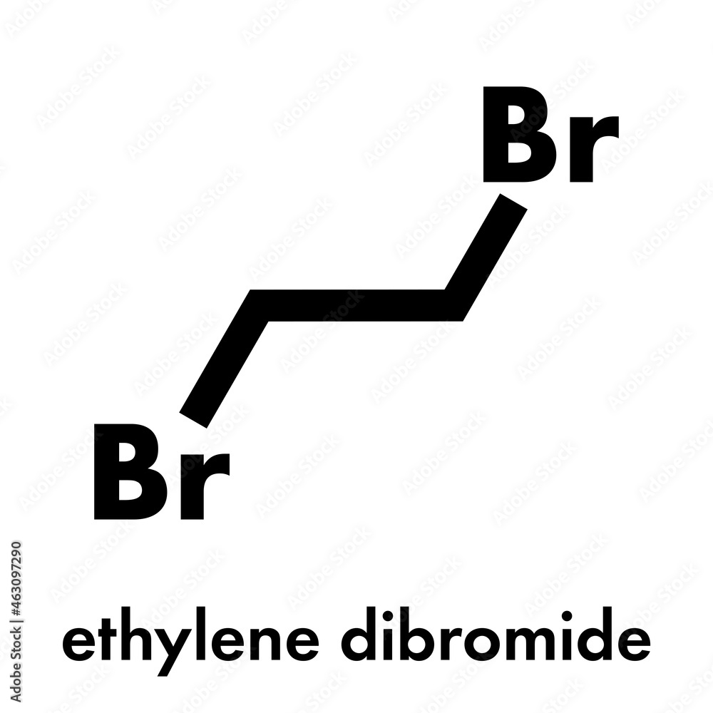 Ethylene dibromide (EDB, 1,2-dibromoethane) fumigant molecule. Skeletal formula. Ethylene dibromide (EDB, 1,2-dibromoethane) fumigant molecule. Skeletal formula.