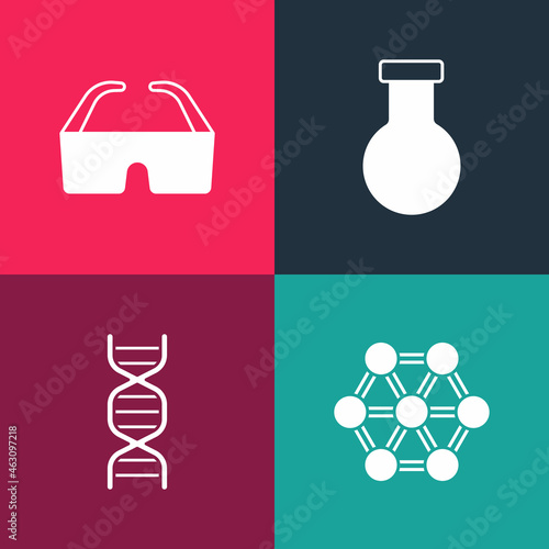 Set pop art Molecule  DNA symbol  Test tube and flask and Safety goggle glasses icon. Vector
