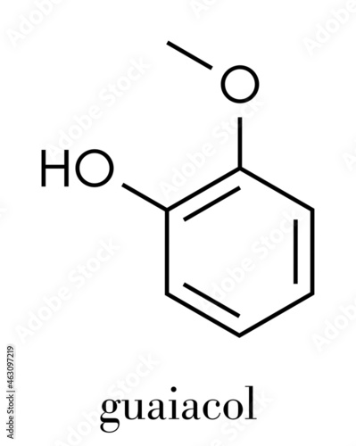 Guaiacol aromatic molecule. Responsible for the smoky taste of smoked foods. Skeletal formula.