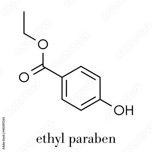 Ethyl paraben (ethyl para-hydroxybenzoate) preservative molecule. Skeletal formula.