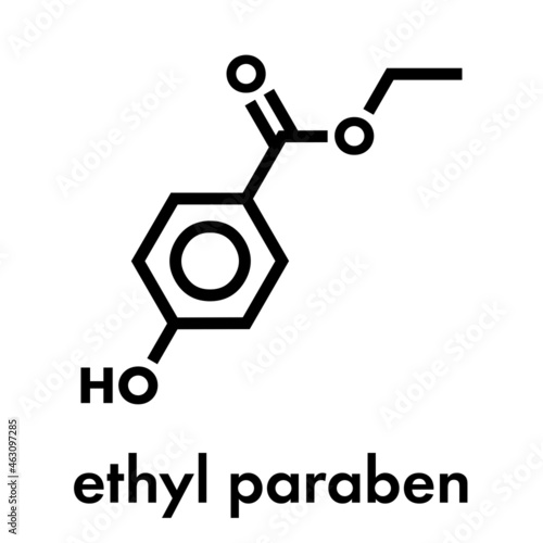 Ethyl paraben (ethyl para-hydroxybenzoate) preservative molecule. Skeletal formula.