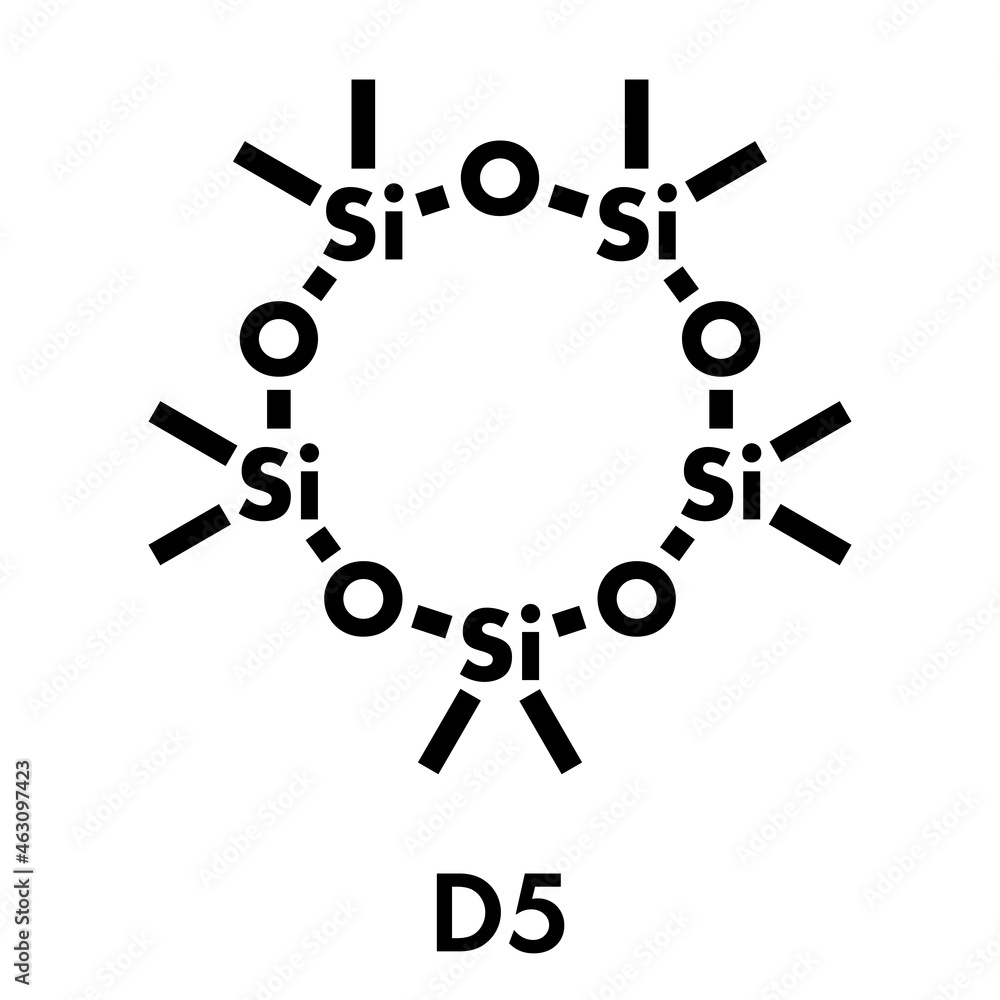 Decamethylcyclopentasiloxane (D5) molecule. Cyclic silicone chemical, frequently used in cosmetics (deodorants, sunblocks, hair and skin care, etc.). Skeletal formula. Decamethylcyclopentasiloxane (D5) molecule. Cyclic silicone chemical, frequently used in cosmetics (deodorants, sunblocks, hair and skin care, etc.). Skeletal formula.