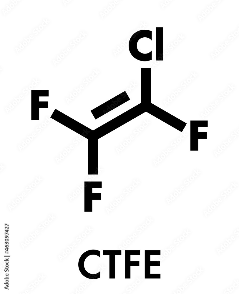 Chlorotrifluoroethylene (CTFE) refrigerant molecule and polychlorotrifluoroethylene plastic building block. Skeletal formula. Chlorotrifluoroethylene (CTFE) refrigerant molecule and polychlorotrifluoroethylene plastic building block. Skeletal formula.