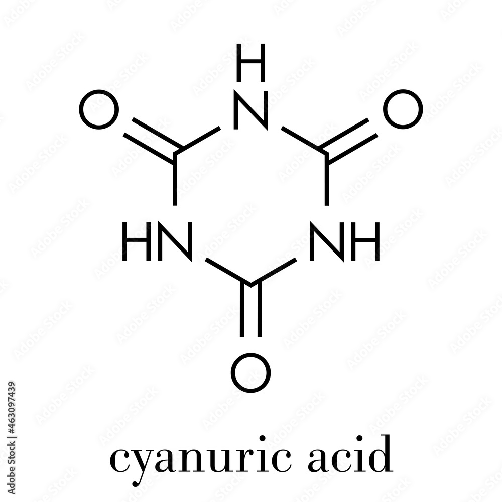 Cyanuric acid molecule. Precipitates with melamine, thus potentially causing kidney damage. Skeletal formula. Cyanuric acid molecule. Precipitates with melamine, thus potentially causing kidney damage. Skeletal formula.