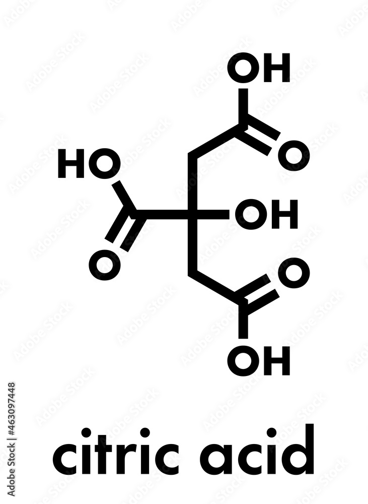 Citric acid molecule. Common fruit acid, used as food additive and for many other purposes. Skeletal formula. Citric acid molecule. Common fruit acid, used as food additive and for many other purposes. Skeletal formula.