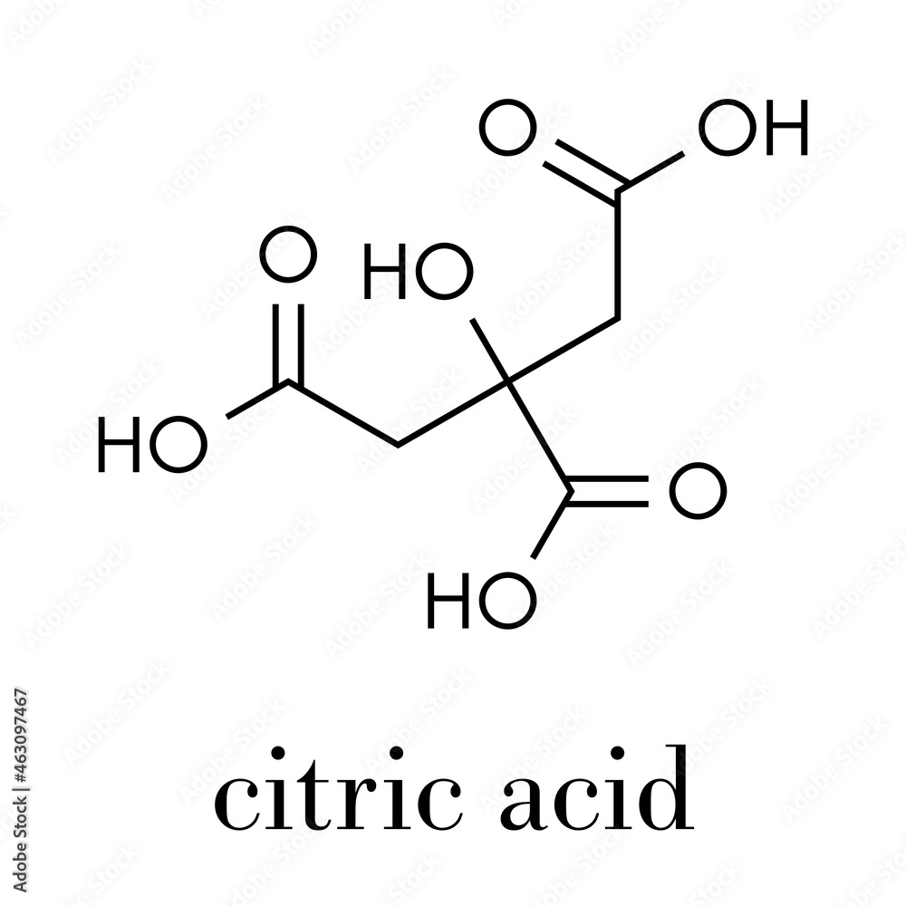 Citric acid molecule. Common fruit acid, used as food additive and for many other purposes. Skeletal formula. Citric acid molecule. Common fruit acid, used as food additive and for many other purposes. Skeletal formula.