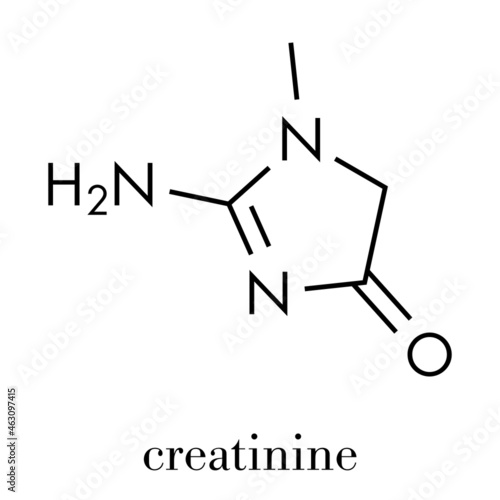 Creatinine molecule. Creatine breakdown product. Creatinine clearance is used to measure kidney function. Skeletal formula.
