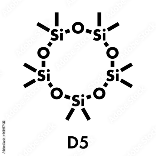 Decamethylcyclopentasiloxane (D5) molecule. Cyclic silicone chemical, frequently used in cosmetics (deodorants, sunblocks, hair and skin care, etc.). Skeletal formula.