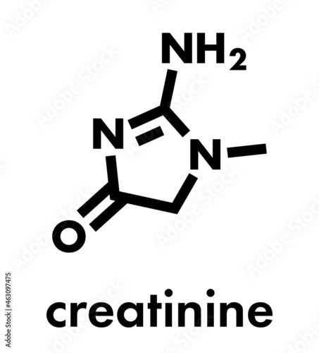 Creatinine molecule. Creatine breakdown product. Creatinine clearance is used to measure kidney function. Skeletal formula.