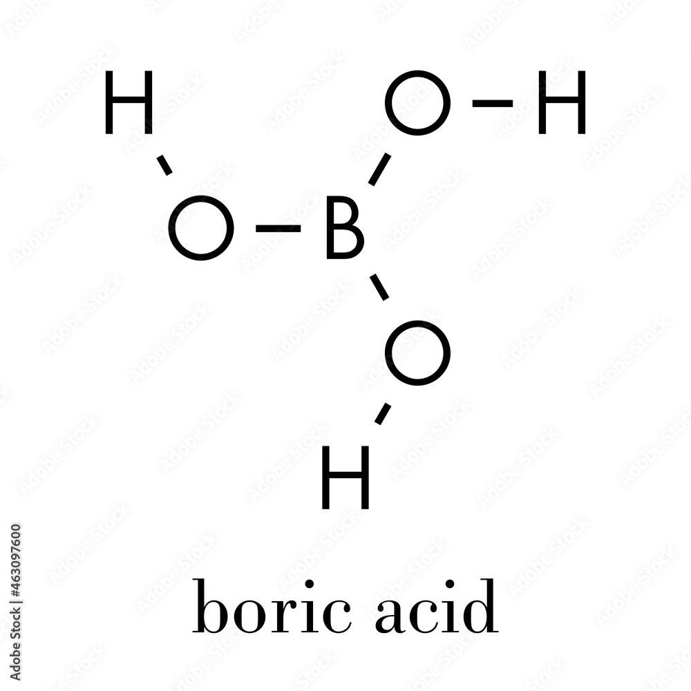 Boric acid molecule. Also known as hydrogen borate, boracic acid