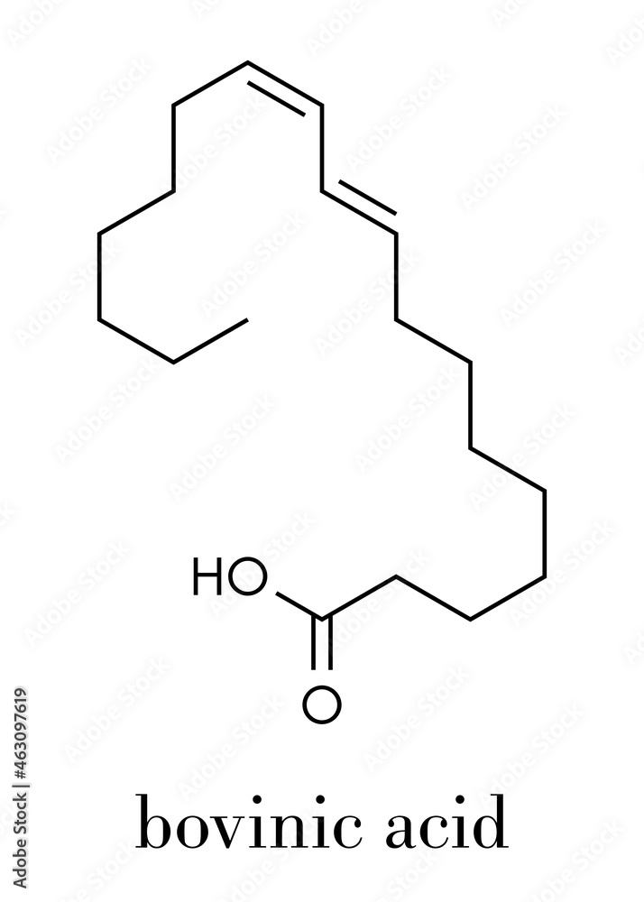 Rumenic acid (bovinic acid, conjugated linoleic acid, CLA) fatty acid molecule. Skeletal formula. Rumenic acid (bovinic acid, conjugated linoleic acid, CLA) fatty acid molecule. Skeletal formula.