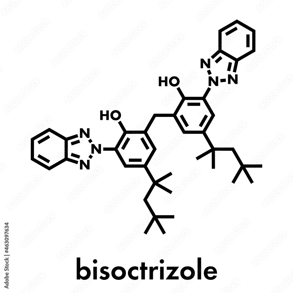 Bisoctrizole sunscreen molecule. Skeletal formula. Bisoctrizole sunscreen molecule. Skeletal formula.