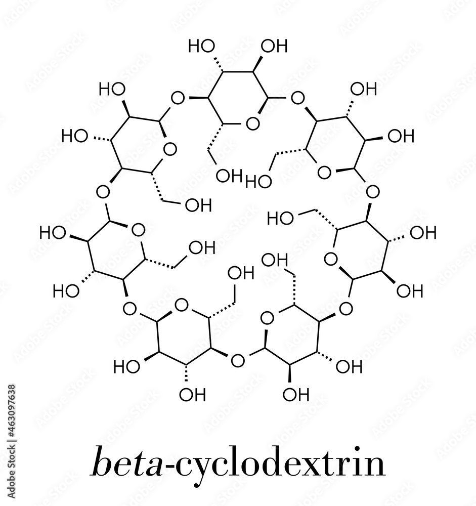 Beta-cyclodextrin molecule. Used in pharmaceuticals, food, deodorizing products, etc. Composed of glucose molecules. Skeletal formula.
