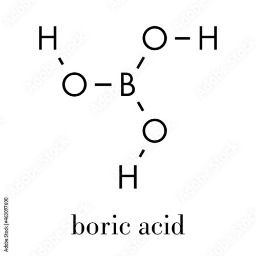 Boric acid molecule. Also known as hydrogen borate, boracic acid, orthoboric acid and acidum boricum. Skeletal formula. photo