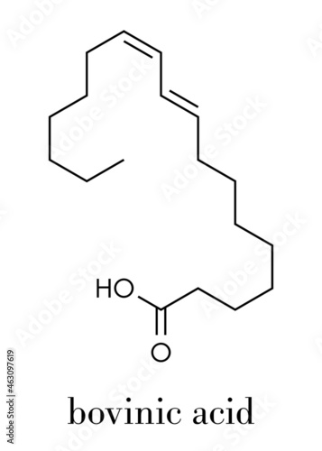 Rumenic acid (bovinic acid, conjugated linoleic acid, CLA) fatty acid molecule. Skeletal formula.