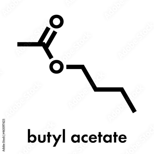 Butyl acetate molecule. Used as synthetic fruit flavoring and as organic solvent. Skeletal formula.