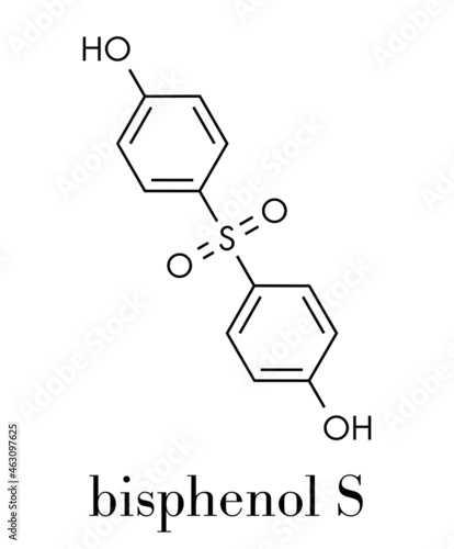 Bisphenol S (BPS) plasticizer molecule. Used as curing agent in epoxy glues and as alternative to BPA. Skeletal formula.