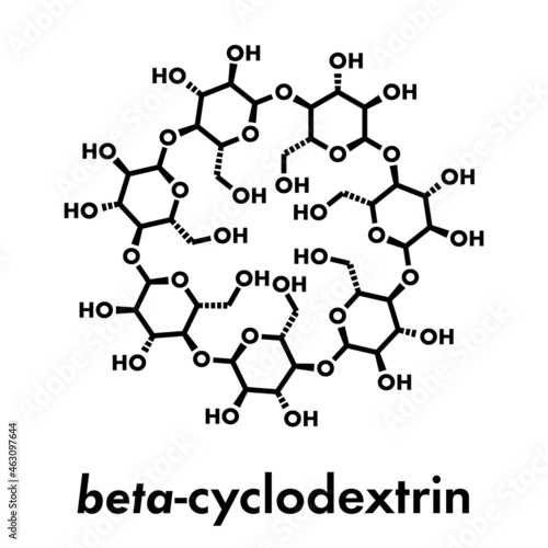 Beta-cyclodextrin molecule. Used in pharmaceuticals, food, deodorizing products, etc. Composed of glucose molecules. Skeletal formula.