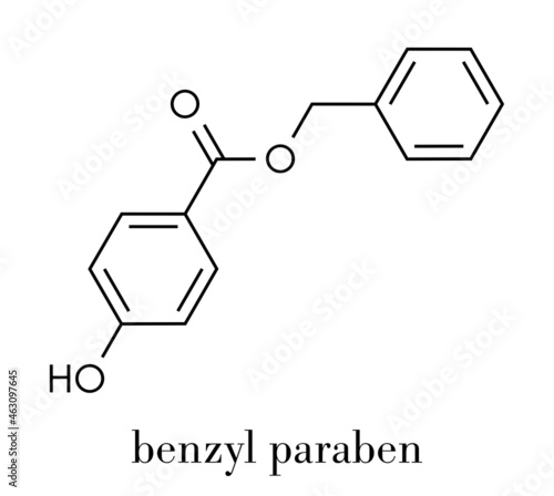 Benzyl paraben preservative molecule. Skeletal formula. photo