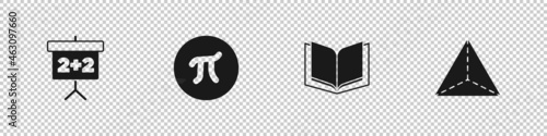 Set Chalkboard, Pi symbol, Open book and Geometric figure Tetrahedron icon. Vector