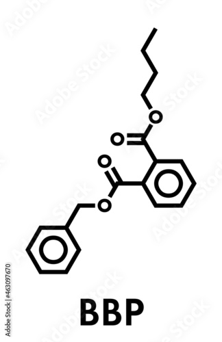 Benzyl butyl phthalate (benzylbutylphthalate, BBzP, BBP) plasticizer molecule. Skeletal formula.