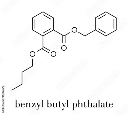Benzyl butyl phthalate (benzylbutylphthalate, BBzP, BBP) plasticizer molecule. Skeletal formula.
