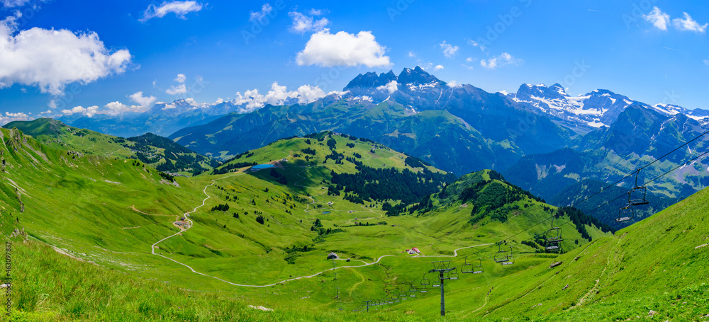 Panoramic landscape of mountains of Alps in summer with gondola lift in Portes du Soleil, Switzerland, Europe
