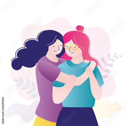 Colorful portrait of two best friends. Cute homosexual couple hugging. Women hug each other
