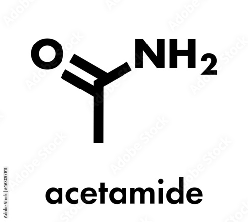 Acetamide (ethanamide) molecule. Used as plasticizer and industrial solvent. Carcinogenic (known to cause cancer). Skeletal formula.