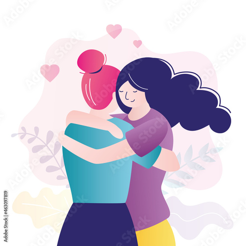 Colorful portrait of two best friends. Cute homosexual couple hugging. Women hug each other. Female friendship. Meeting with loved one. Lovers together with smiling faces.