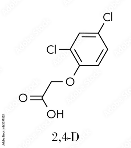 2,4-D (2,4-dichlorophenoxyacetic acid) Agent Orange ingredient. Synthetic auxin plant hormone, used as pesticide and herbicide and ingredient of Agent Orange. Skeletal formula.