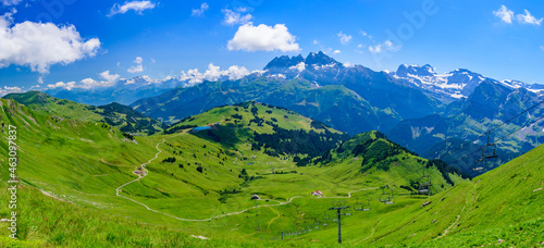 Panoramic landscape of mountains of Alps in summer with gondola lift in Portes du Soleil  Switzerland  Europe
