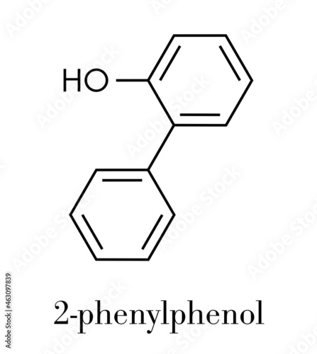 2-phenylphenol preservative molecule. Biocide used as food additive, preservative, and disinfectant.  Skeletal formula. photo