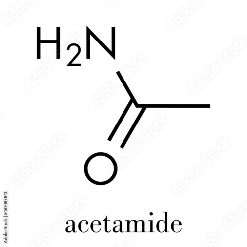 Acetamide (ethanamide) molecule. Used as plasticizer and industrial solvent. Carcinogenic (known to cause cancer). Skeletal formula.