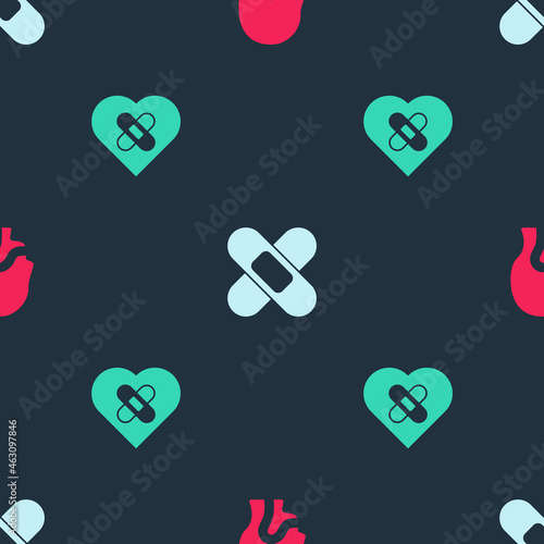 Set Sore throat, Crossed bandage plaster and Healed broken heart on seamless pattern. Vector