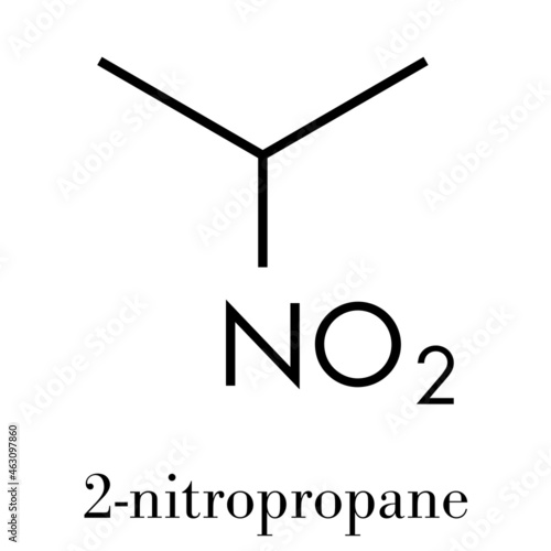 Nitropropane (2-nitropropane, 2-NP) chemical solvent molecule. Used as solvent in production of ink, polymers, coatings, adhesives, etc. Skeletal formula.