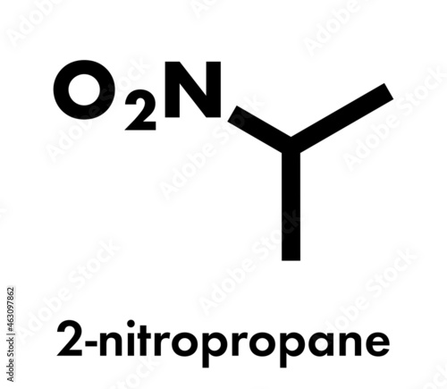 Nitropropane (2-nitropropane, 2-NP) chemical solvent molecule. Used as solvent in production of ink, polymers, coatings, adhesives, etc. Skeletal formula.