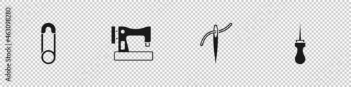 Set Safety pin, Sewing machine, Needle with thread and Awl tool icon. Vector