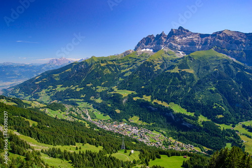 View of Champéry in summer, a town in Alps in Switzerland, Europe