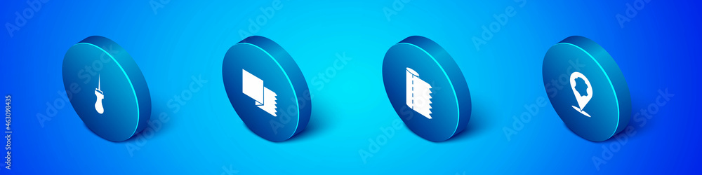 Set Isometric Awl tool, Textile fabric roll, Leather and icon. Vector Set Isometric Awl tool, Textile fabric roll, Leather and icon. Vector