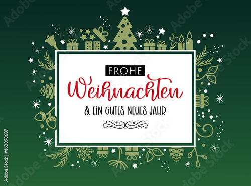 Weihnachtsgrüße - dekorative weihnachtliche Grafiken auf grünem Hintergrund -Vektor Illustration mit deutschem Text - german Christmas greeting card