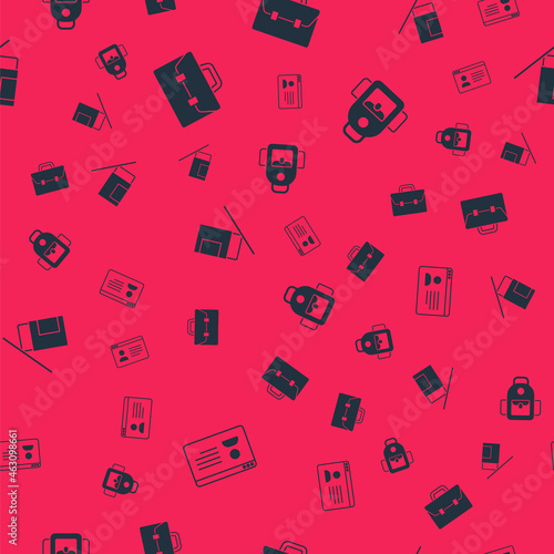 Set Online class, Briefcase, Eraser or rubber and School backpack on seamless pattern. Vector