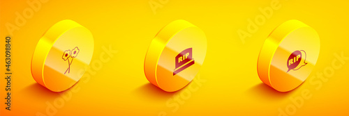 Set Isometric Flower, Tombstone with RIP written and Speech bubble rip death icon. Vector