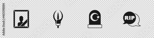 Set Mourning photo frame, Lily flower, Muslim cemetery and Speech bubble rip death icon. Vector