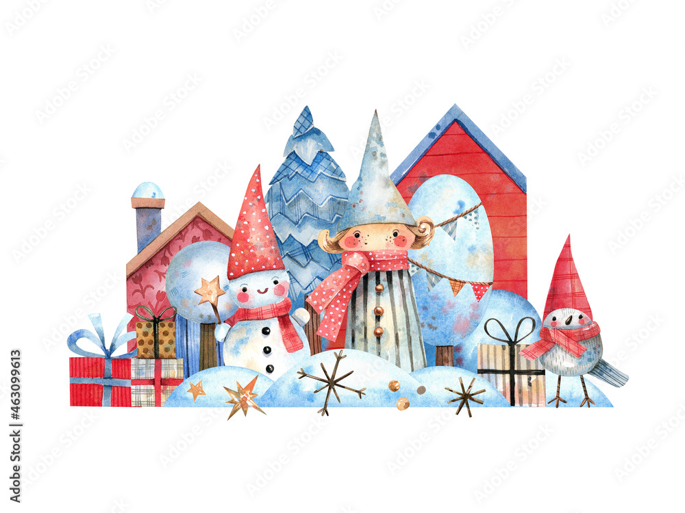 Christmas watercolor illustration with winter houses, fir tree, elf, snowman and gifts. Festive winter scene isolated on white background. Picture for a Christmas card, packaging, decor.