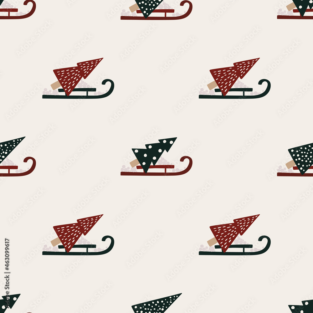 Christmas tree on sledding seamless pattern Christmas tree on sledding seamless pattern