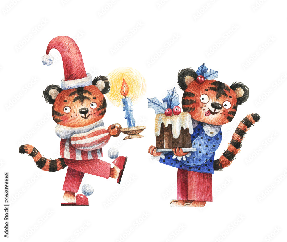 Cute tigers in Christmas costumes are getting ready for Christmas Eve. Tiger with dessert and tiger with candles. Cute New Year characters, cards, decor, congratulations. Watercolor illustration Cute tigers in Christmas costumes are getting ready for Christmas Eve. Tiger with dessert and tiger with candles. Cute New Year characters, cards, decor, congratulations. Watercolor illustration