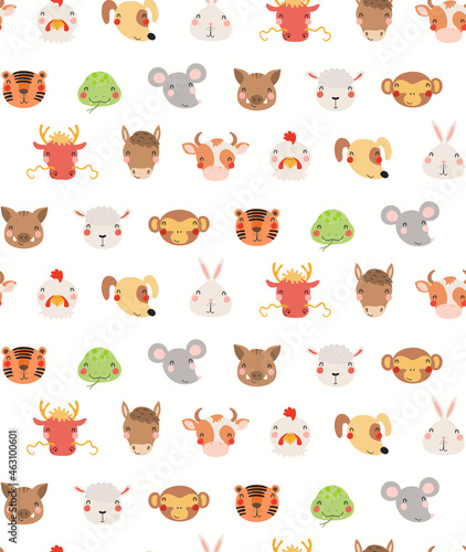 Fototapeta Naklejka Na Ścianę i Meble -  Twelve animals of Asian zodiac faces seamless pattern on white. Cute cartoon eastern astrological signs. Hand drawn vector illustration. Flat style design. New Year background, wallpaper, package.
